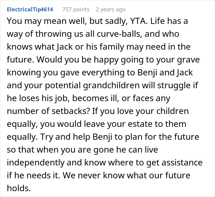 A Reddit comment advising a mother to plan for the future and split inheritance equally between her sons. A Reddit comment advising a mother to plan for the future and split inheritance equally between her sons.