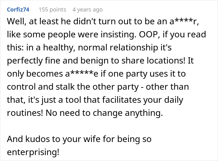 A screenshot of a comment about a normal relationship, sharing locations, praising wife for being enterprising in hiding money. A screenshot of a comment about a normal relationship, sharing locations, praising wife for being enterprising in hiding money.