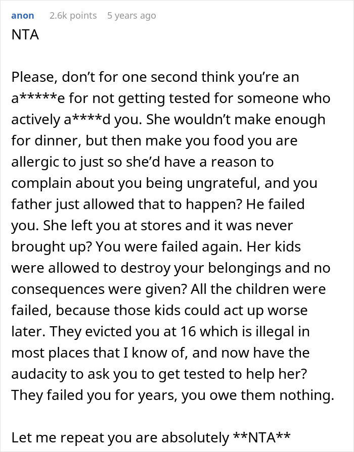 A comment explaining why the 34YO is not the a****** for refusing to be a bone marrow match for an estranged dad’s wife. A comment explaining why the 34YO is not the a****** for refusing to be a bone marrow match for an estranged dad’s wife.