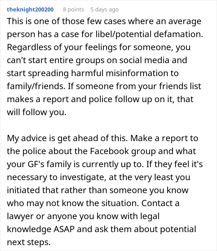 A comment explaining libel and defamation, suggesting reporting a Facebook group to police and contacting a lawyer. A comment explaining libel and defamation, suggesting reporting a Facebook group to police and contacting a lawyer.