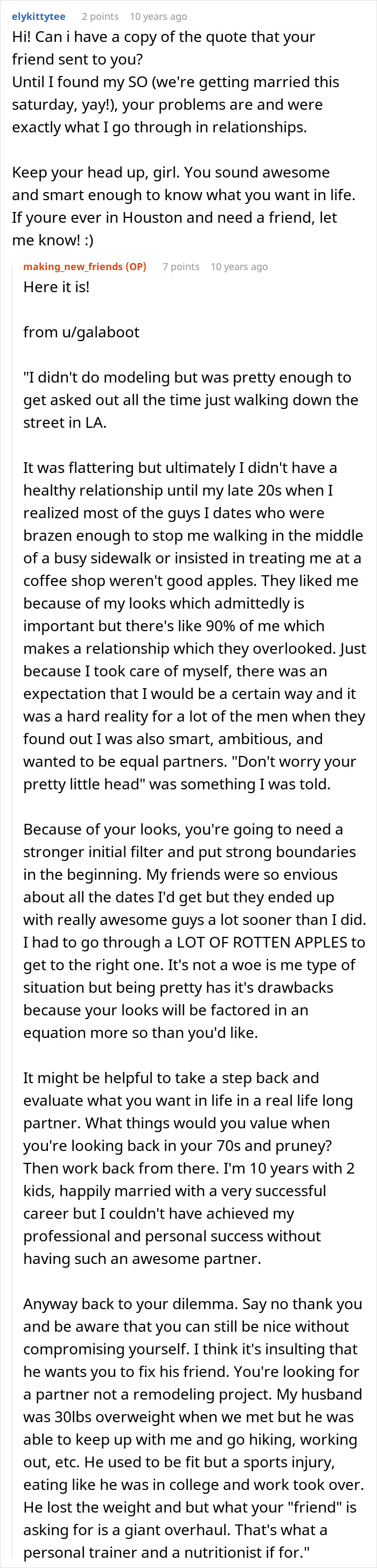 Long Reddit comment thread discussing a friend needing a hot GF and a weight-loss coach, and dating advice. Long Reddit comment thread discussing a friend needing a hot GF and a weight-loss coach, and dating advice.