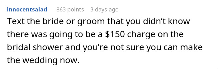 A comment advising to text the bride or groom about the unexpected $150 charge for the bridal shower.