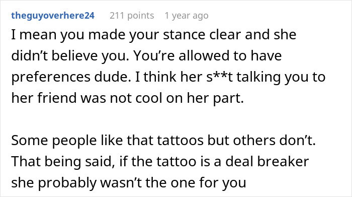 A comment on the story of a woman getting tattoos and her boyfriend leaving. A comment on the story of a woman getting tattoos and her boyfriend leaving.