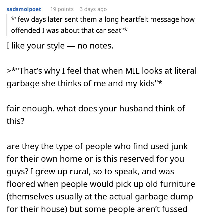 Reddit comments on judgment and car seat dug out of NYC garbage