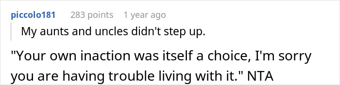 A Reddit comment from piccolo181 about aunts and uncles not stepping up, relating to half-siblings and foster care.