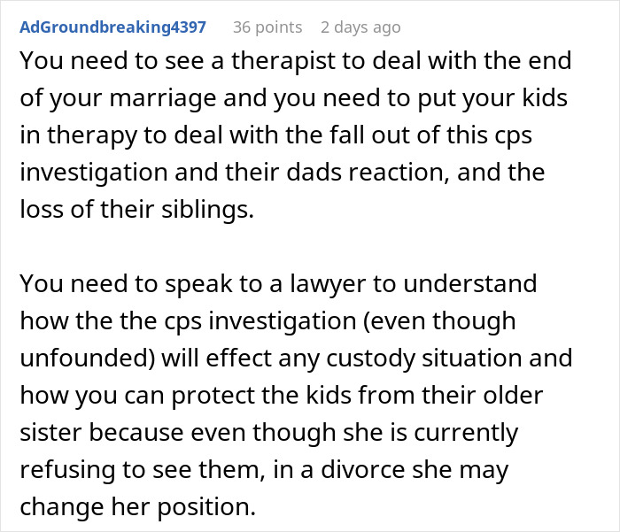 An online comment advising a stepmom to seek a lawyer after a false CPS investigation.