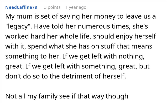 Social media comment from a child wanting their mum to enjoy her money rather than save an inheritance Social media comment from a child wanting their mum to enjoy her money rather than save an inheritance
