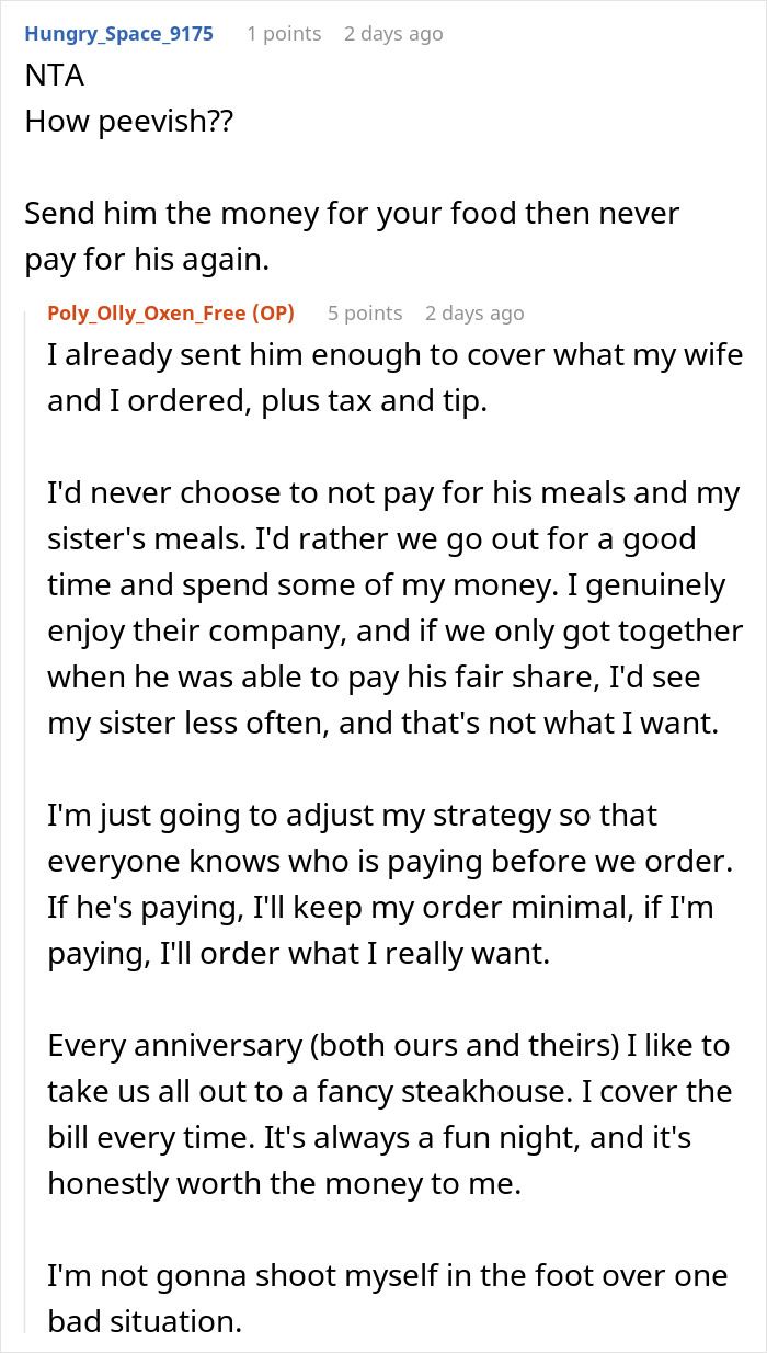 A Reddit post about a man's brother-in-law inviting him to breakfast and secretly paying, then blaming him for ordering expensive food. A Reddit post about a man's brother-in-law inviting him to breakfast and secretly paying, then blaming him for ordering expensive food.