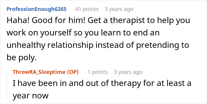 A Reddit thread discussing a failed attempt at an open relationship and therapy. A Reddit thread discussing a failed attempt at an open relationship and therapy.