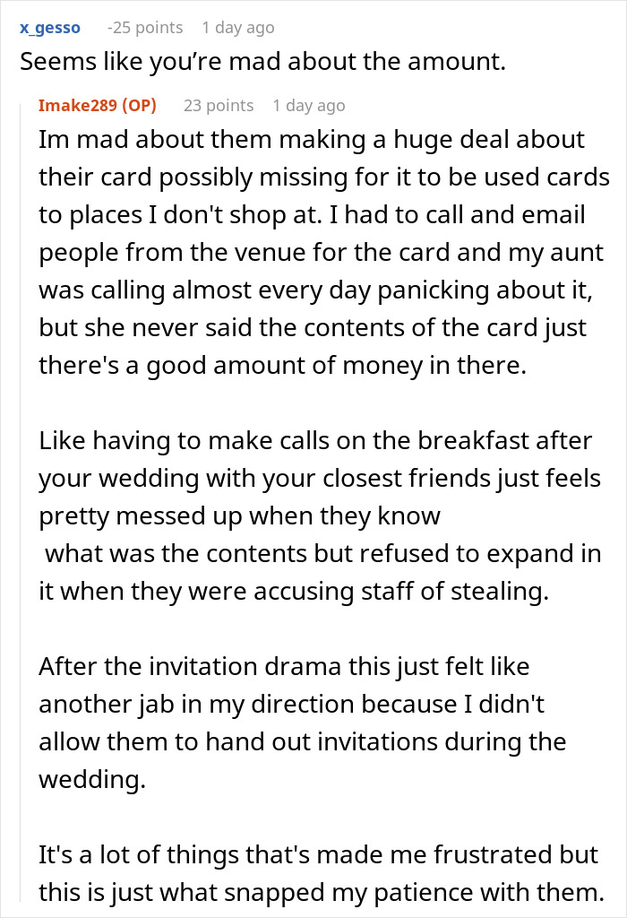 Reddit comment from OP expressing frustration over post-wedding drama regarding a missing gift card and accusation.
