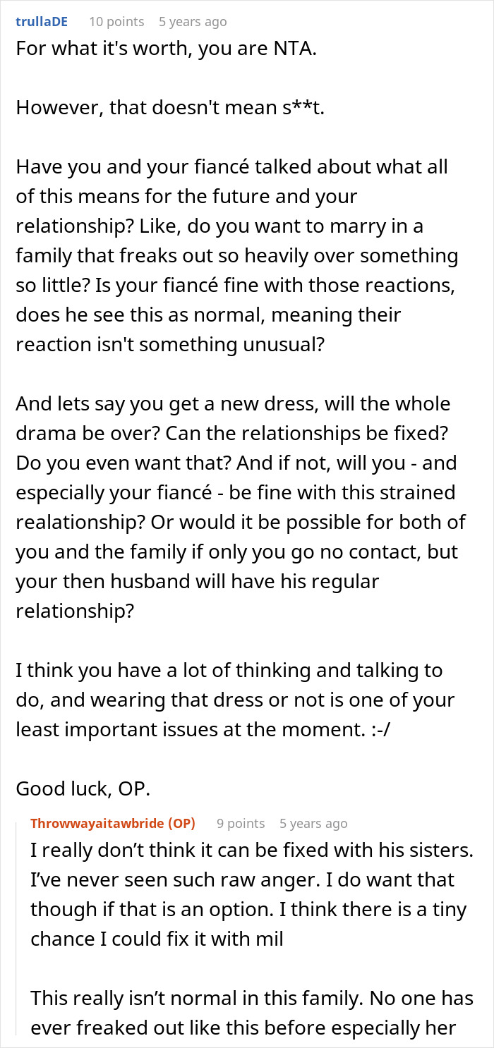 A screenshot of a Reddit comment regarding a bride's wedding dress conflict with her MIL, and the groom's involvement. A screenshot of a Reddit comment regarding a bride's wedding dress conflict with her MIL, and the groom's involvement.
