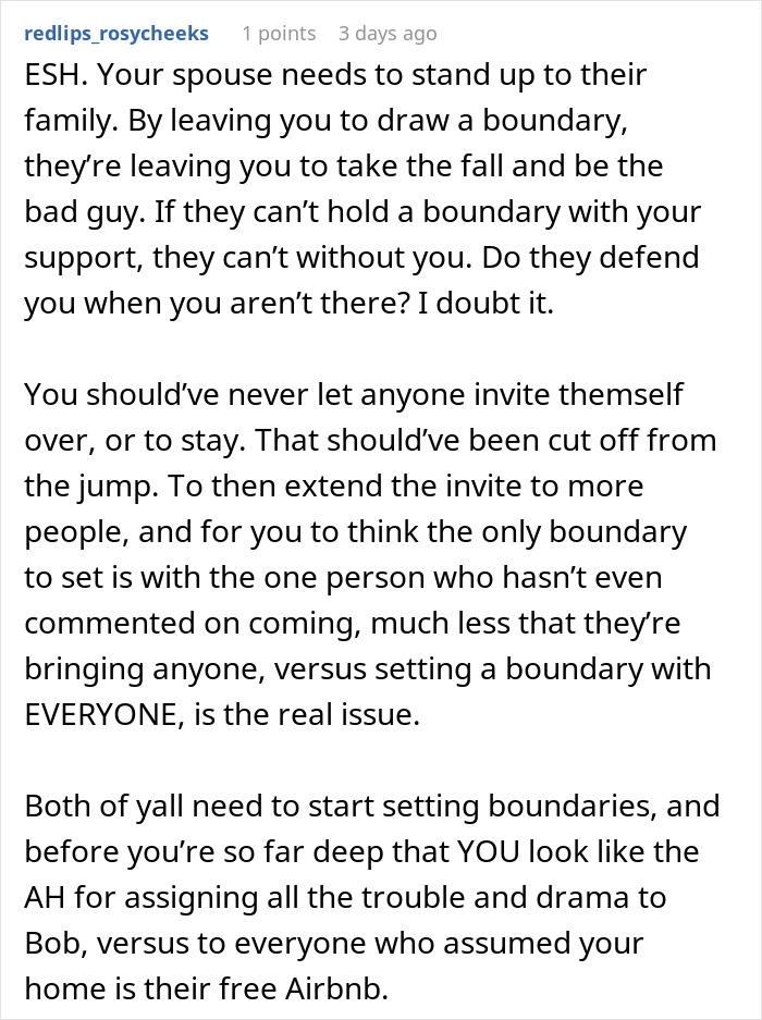 A detailed Reddit response about setting family boundaries, from the BIL bringing a different GF discussion. A detailed Reddit response about setting family boundaries, from the BIL bringing a different GF discussion.
