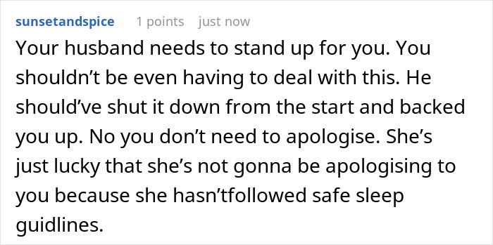 Reddit comment advising a wife that her husband needs to stand up to her MIL about safe sleep guidelines. Reddit comment advising a wife that her husband needs to stand up to her MIL about safe sleep guidelines.