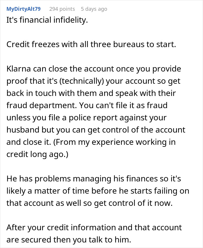 A detailed Reddit comment on financial infidelity, advising credit freezes and police reports against a husband's spending.