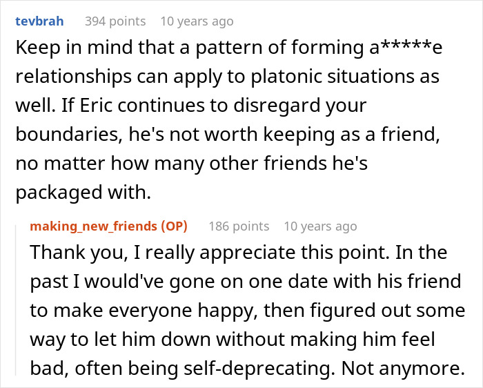 A screenshot of a Reddit comment about Eric disregarding boundaries, and the original poster's reply. A screenshot of a Reddit comment about Eric disregarding boundaries, and the original poster's reply.