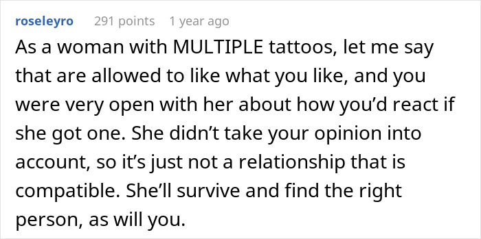 A woman with multiple tattoos comments on the decision to get tattoos and relationship compatibility. A woman with multiple tattoos comments on the decision to get tattoos and relationship compatibility.