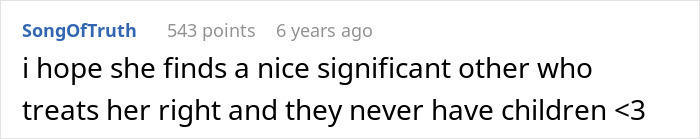 A screenshot of a comment hoping a woman in a toxic relationship finds happiness and never has children. A screenshot of a comment hoping a woman in a toxic relationship finds happiness and never has children.