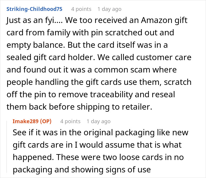 Reddit comment discussing a common scam where gift cards are used, pin scratched, and then resealed to cause wedding drama.