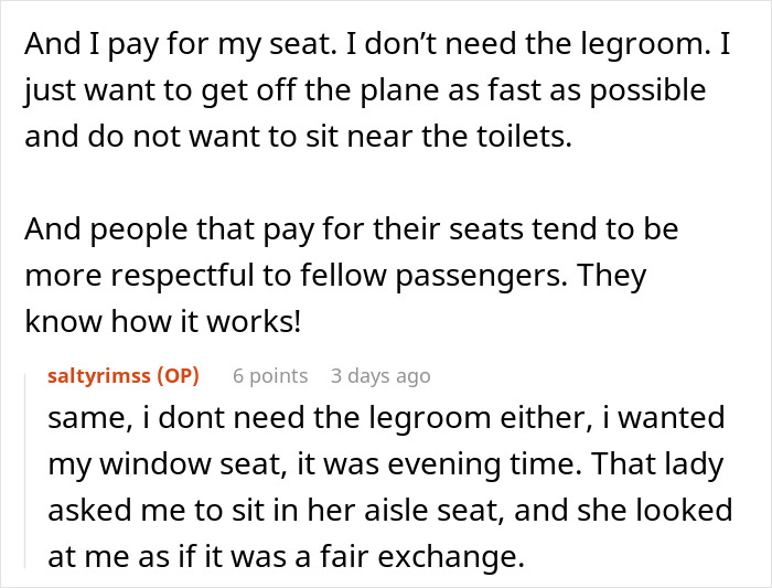 A comment thread on paying for an airplane window seat versus an aisle seat, and a kid taking the window seat. A comment thread on paying for an airplane window seat versus an aisle seat, and a kid taking the window seat.