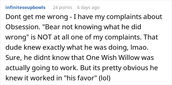 Comment discussing complaints about obsession and clear intentions in behavior