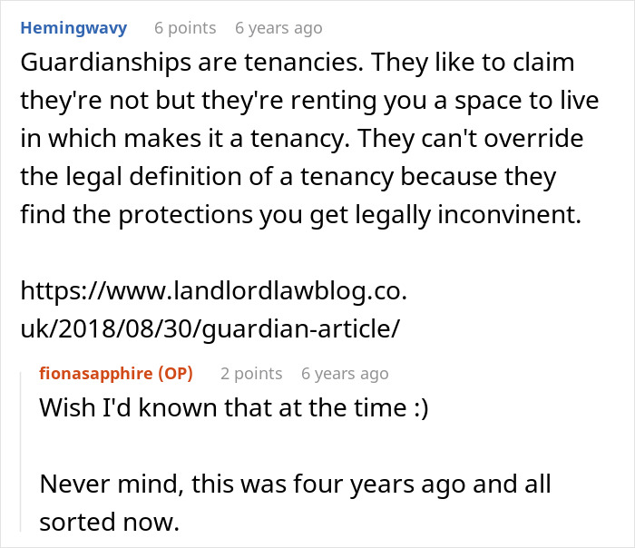 A screenshot of a comment about guardianships as tenancies in the context of a landlord deposit dispute. A screenshot of a comment about guardianships as tenancies in the context of a landlord deposit dispute.