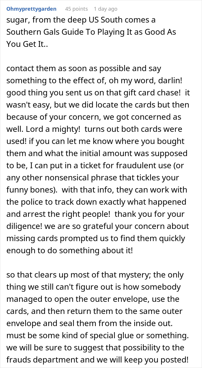 A long comment detailing how to respond to wedding drama and used gift cards, suggesting a sarcastic chase for the gift cards.
