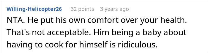 A woman's husband pressures her to rake despite her allergy, then she refuses to cook for him. A Reddit comment calls him selfish for not cooking.