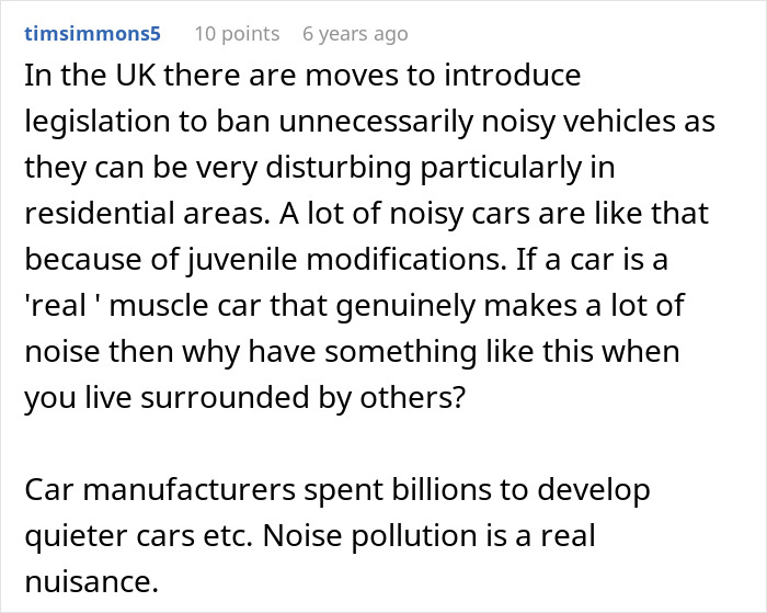 A comment discussing UK legislation to ban noisy vehicles, relevant to the keyed car incident involving Dumb Karen.