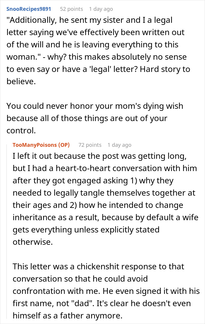 A comment detailing how a widowed dad sent a legal letter to his daughters, cutting them out of his will after remarrying. A comment detailing how a widowed dad sent a legal letter to his daughters, cutting them out of his will after remarrying.