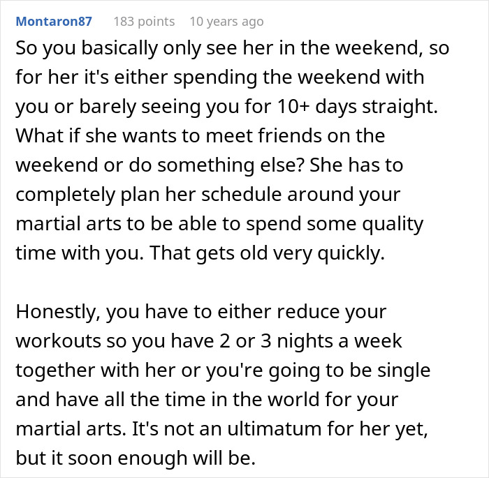 Explanation of relationship struggles from intense martial arts training schedule Explanation of relationship struggles from intense martial arts training schedule