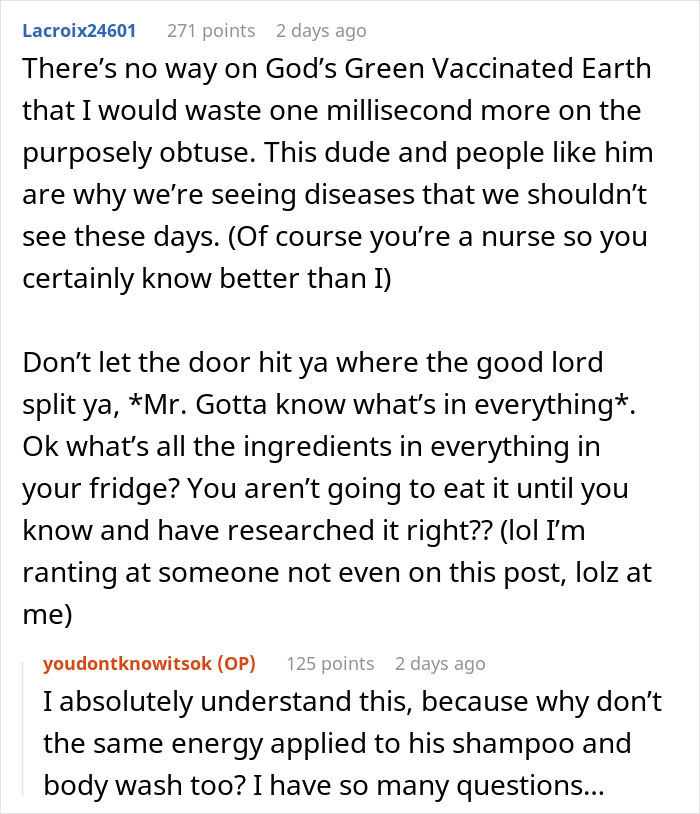 A social media exchange criticizing the logic of those who argue against vaccines by comparing ingredients. A social media exchange criticizing the logic of those who argue against vaccines by comparing ingredients.