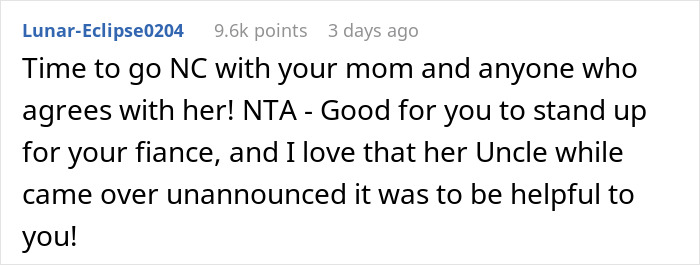 Text of a comment supporting standing up for fiancé and cutting contact with toxic mom Text of a comment supporting standing up for fiancé and cutting contact with toxic mom