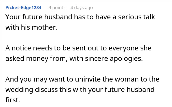 Online comment advising to uninvite MIL from wedding over dinner scam Online comment advising to uninvite MIL from wedding over dinner scam
