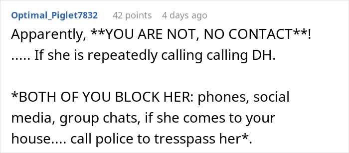 A Reddit post advising to cut MIL off and block her completely from contacting. A Reddit post advising to cut MIL off and block her completely from contacting.