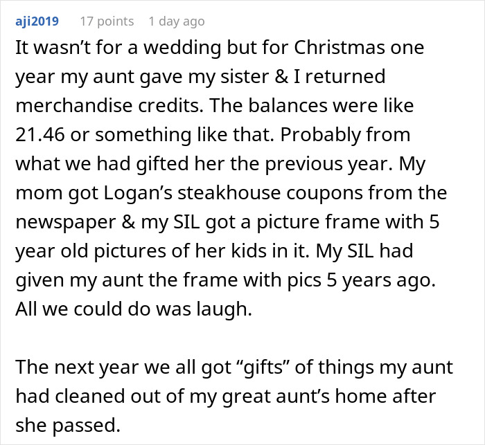 A Reddit comment shares a personal story about receiving regifted items, like used gift cards, as a wedding gift.