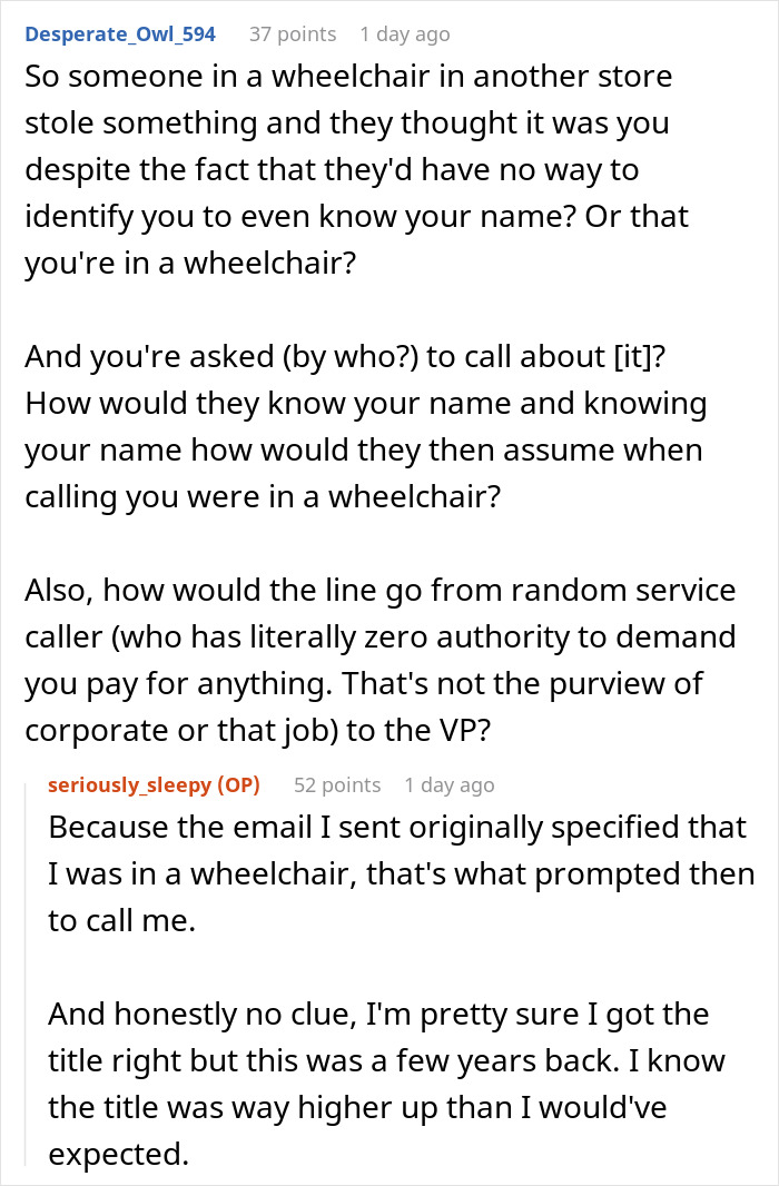A Reddit user questions the legitimacy of a wheelchair-bound teen being accused of stealing, highlighting the improbability of identification. A Reddit user questions the legitimacy of a wheelchair-bound teen being accused of stealing, highlighting the improbability of identification.