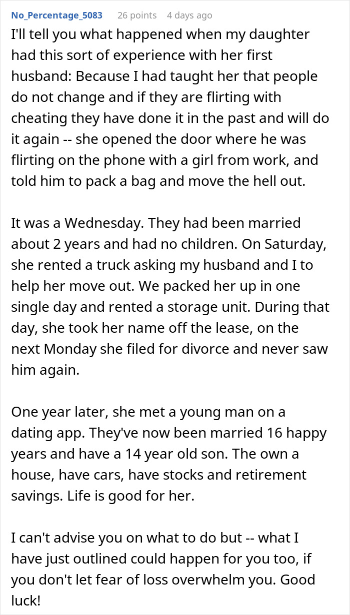 A screenshot of a comment about a husband flirting, detailing his wife's reaction and their marriage breaking point.