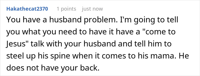 Online support comment addressing a husband problem regarding the MIL situation. Online support comment addressing a husband problem regarding the MIL situation.