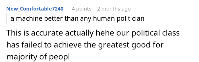 A comment about a machine better than politicians, related to time-traveler chilling war prediction.