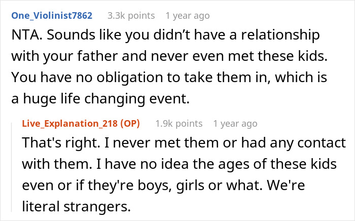 Reddit comment supports man not saving half-siblings from foster care, emphasizing no obligation to strangers he never met.