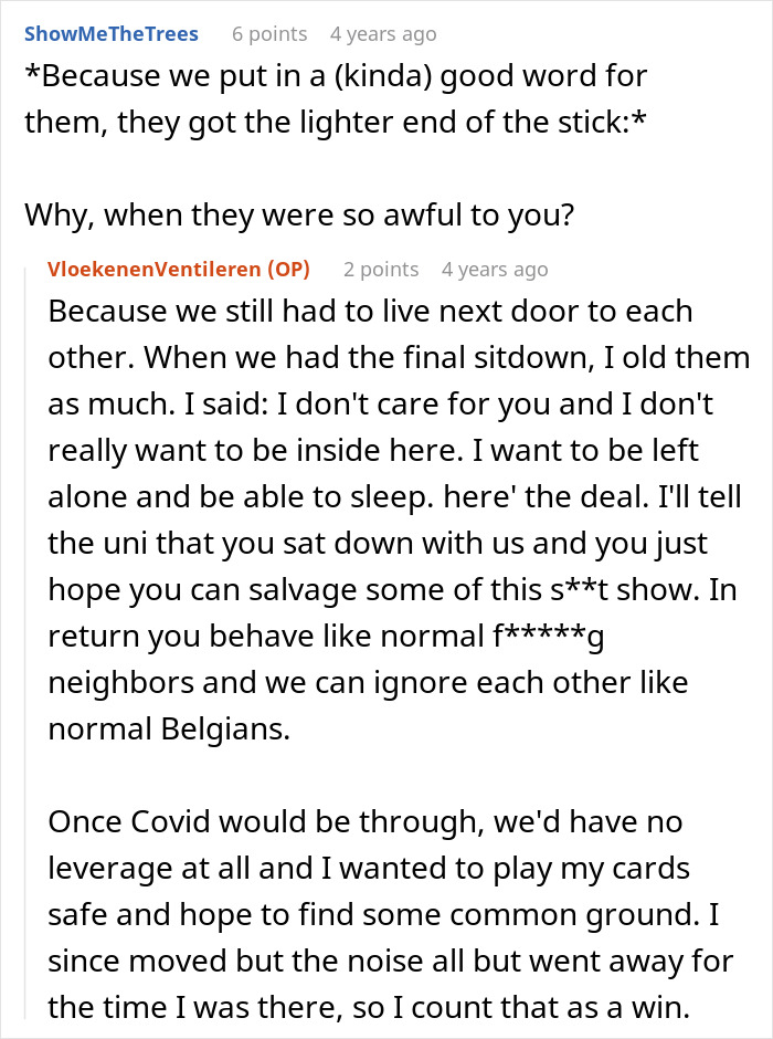 A screenshot of a Reddit comment discussing why a fed up neighbor went easy on the students, highlighting the need to live next door and resolve issues. A screenshot of a Reddit comment discussing why a fed up neighbor went easy on the students, highlighting the need to live next door and resolve issues.