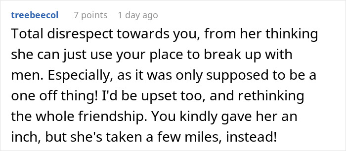 A screenshot of a comment about a woman dumping men at her bestie's apartment and her breakup spot getting shut down. A screenshot of a comment about a woman dumping men at her bestie's apartment and her breakup spot getting shut down.