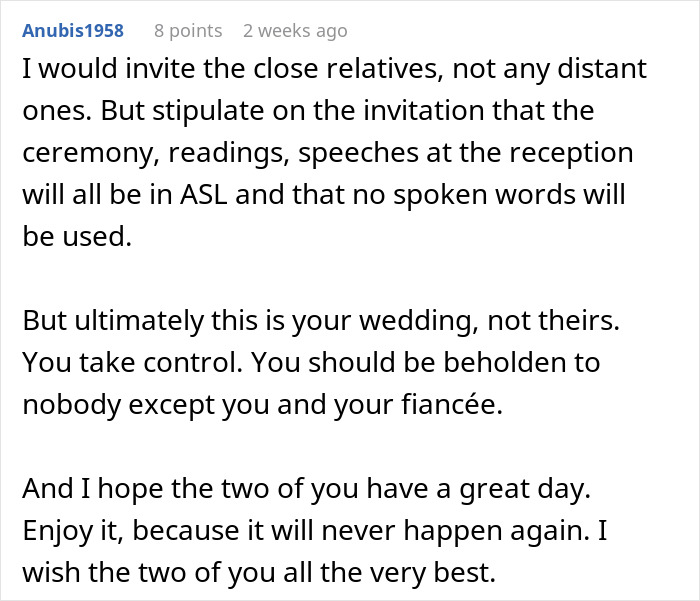 Recommendation to invite close relatives and use only ASL at the wedding Recommendation to invite close relatives and use only ASL at the wedding