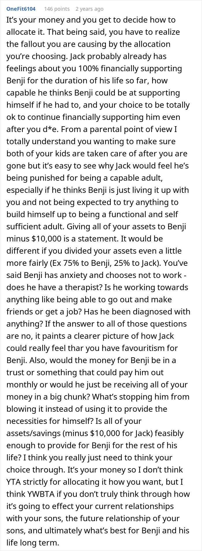 A detailed comment on inheritance, suggesting the mother reconsiders the inheritance allocation due to favoritism. A detailed comment on inheritance, suggesting the mother reconsiders the inheritance allocation due to favoritism.