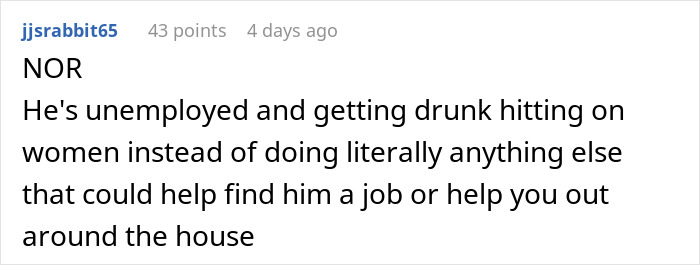 Reddit comment about a husband flirting with a woman and how his actions affect their marriage.