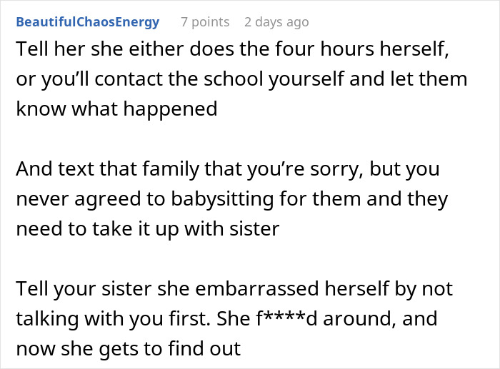 Comment suggesting sister should babysit four hours herself in free sitter dispute