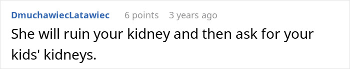 A social media comment discussing a toxic mom ruining a kidney from her daughter, highlighting family health neglect.