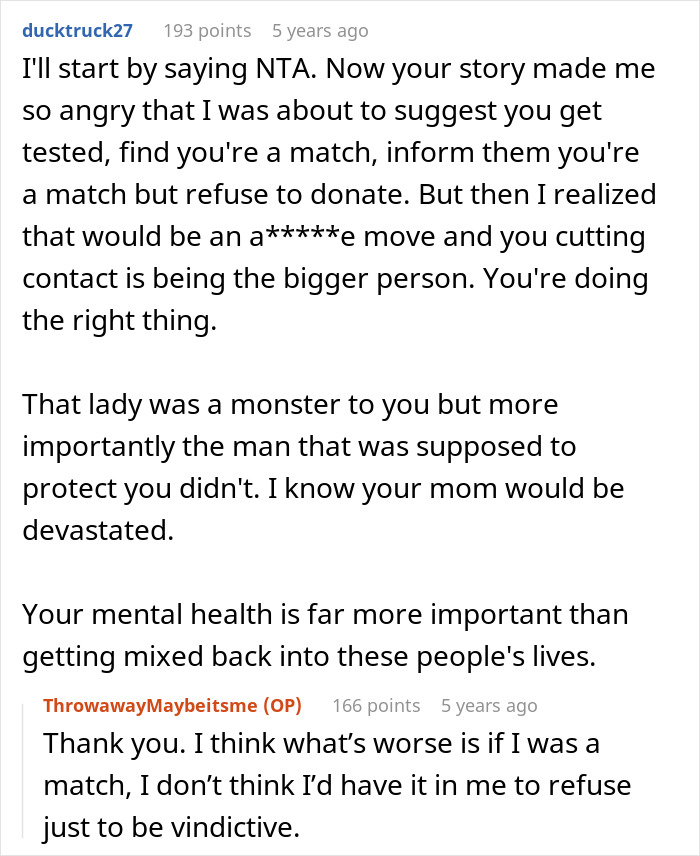 A screenshot of a reddit comment section. The top comment is from user ducktruck27 discussing bone marrow match refusal for estranged dad's wife. A screenshot of a reddit comment section. The top comment is from user ducktruck27 discussing bone marrow match refusal for estranged dad's wife.