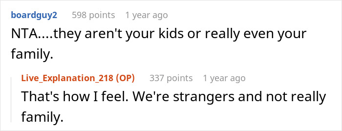 Reddit comment agrees man not saving half-siblings from foster care is justified, stating they are not his family.