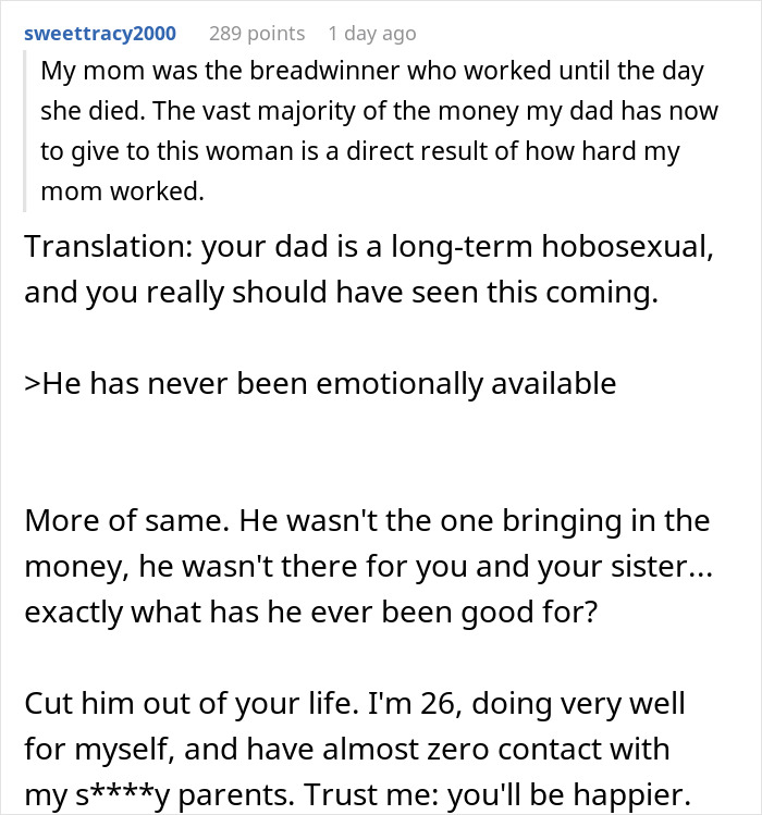 A social media comment offering advice to daughters whose widowed dad remarries and cuts them out of his will. A social media comment offering advice to daughters whose widowed dad remarries and cuts them out of his will.